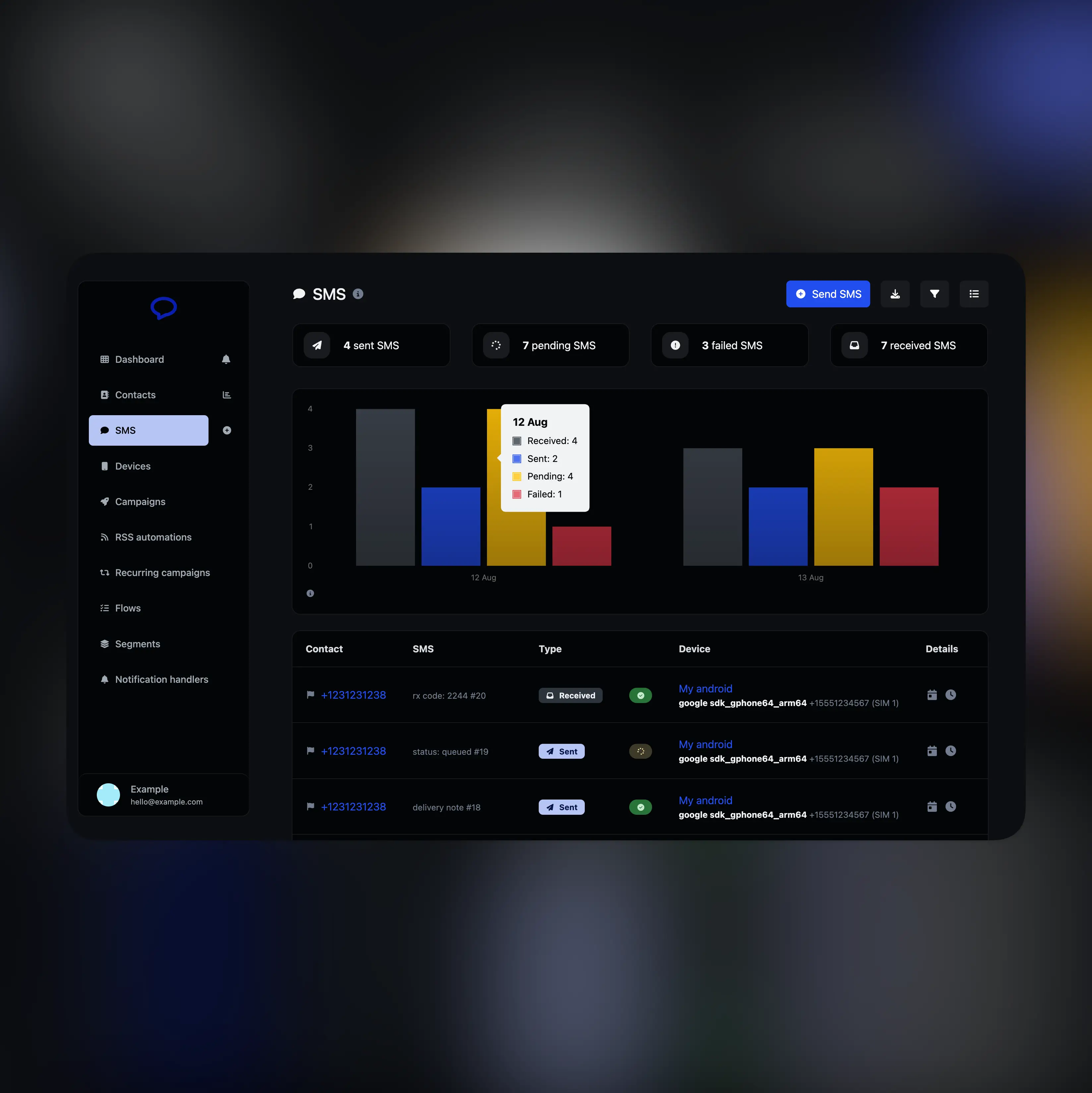 Screenshot der App beim Senden von Web-Push-Benachrichtigungen